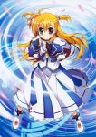  1girl absurdres ahoge black_gloves blonde_hair blush dress fingernails fujima_takuya full_body gloves heterochromia highres lyrical_nanoha mahou_shoujo_lyrical_nanoha_vivid smile solo twintails vivio 