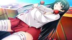  :o black_hair blush candy_apple dual_wielding game_cg hakama_skirt highres ichinose_yua japanese_clothes makita_maki miko red_eyes shinigami_no_testament solo thigh-highs thighhighs wide_sleeves 