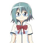  adapted_costume animated animated_gif bespectacled blue-framed_glasses blue_eyes blue_hair bouncing_breasts bow breasts glasses hair_ornament hairclip hangaku mahou_shoujo_madoka_magica miki_sayaka open_mouth school_uniform semi-rimless_glasses short_hair smile solo transparent_background 