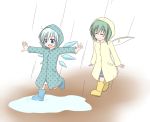  2girls blue_eyes blue_hair boots cirno daiyousei edamame_(barium) green_hair ice ice_wings multiple_girls open_mouth puddle rain raincoat short_hair side_ponytail smile touhou transparent_background wings 