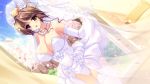  brown_hair cleavage game_cg hinamidori_chouko nakano_sora necklace petals pochi_to_goshujin-sama skirt skirt_lift skyfish stockings wedding_dress 