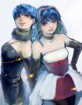  bare_shoulders blue_hair character_request choker copyright_request elbow_gloves fur gloves ky_(adioos) lips multiple_girls red_eyes 