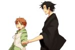  age_difference black_hair closed_eyes emiya_kiritsugu emiya_shirou eyes_closed fate/stay_night fate/zero fate_(series) father_and_son hand_holding holding_hands is_(11l4329) japanese_clothes kimono male multiple_boys orange_hair simple_background yellow_eyes 