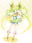  ;d bow c.c._lemon c.c._lemon_(character) feet green_eyes green_hair hair_bobbles hair_ornament highres long_hair open_mouth outstretched_arm platform_sandals roh_nam_kyung sandals smile solo star toes twintails very_long_hair wink 