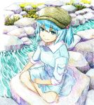  barefoot blouse blue_eyes blue_hair colored_pencil_(medium) flower graphite_(medium) hair_bobbles hair_ornament hand_on_leg hat indian_style kawashiro_nitori long_sleeves looking_at_viewer pocket rock shirodama short_hair sitting skirt sleeves_rolled_up smile solo stream touhou traditional_media twintails 