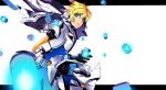  armor blonde_hair blue_eyes boots cartridge chung elsword fuyugasumi gauntlets gloves highres letterboxed long_hair male pants solo white_background 
