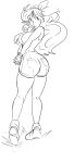  ass boots bow breast_squeeze breasts curly_hair dragon_ball drawfag from_behind gloves hairband highres large_breasts long_hair lunch_(dragon_ball) monochrome pea-2 shorts solo v_arms 