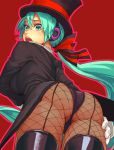  and aqua_eyes aqua_hair ass back_seamed_legwear black_legwear blush boots breast_hold breasts fishnet_pantyhose fishnets from_behind from_below gloves hair_ribbon hat hatsune_miku headphones long_hair looking_back magician miracle_paint_(vocaloid) open_mouth pantyhose ponytail project_diva red_background ribbon simple_background solo thigh-highs thigh_boots thighhighs top_hat vocaloid 
