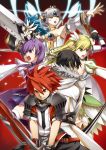  3girls :o aisha_(elsword) armor armpits black_hair chung clenched_teeth coat detached_sleeves elsword elsword_(character) eve_(elsword) green_eyes green_hair helmet huge_weapon long_hair multiple_boys multiple_girls pointy_ears purple_eyes purple_hair raven_(elsword) red_background red_eyes red_hair redhead rena_(elsword) short_hair spiked_hair spiky_hair sword twintails umikawa_torao violet_eyes weapon white_hair yellow_eyes 