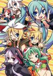  6+girls ahoge aqua_eyes aqua_hair blonde_hair earmuffs fang gloves goggles goggles_on_head green_eyes green_hair gumi hair_ornament hair_ribbon hairclip hatsune_miku headphones hoodie ia_(vocaloid) kagamine_len kagamine_rin long_hair multiple_girls necktie open_mouth purple_hair red_eyes red_hair redhead ribbon sf-a2_miki short_hair twintails ulogbe v very_long_hair vocaloid white_hair wink yuzuki_yukari 