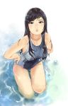  black_eyes black_hair carina_(xiaowoo) hair_ornament hairclip hands_on_hips highres lips long_hair one-piece_swimsuit original solo swimsuit thigh_gap thighs water wet 