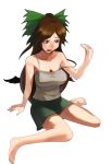  alternate_costume bare_shoulders barefoot bow breasts brown_eyes brown_hair camisole casual hair_bow inugami_akito long_hair open_mouth reiuji_utsuho simple_background sitting skirt solo strap_slip sweat tank_top touhou wariza white_background 