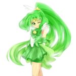  ao_mikan arms_behind_back bare_shoulders bike_shorts cure_march dress green_dress green_eyes green_hair long_hair magical_girl midorikawa_nao ponytail precure shorts_under_skirt skirt smile smile_precure! solo tiara tri_tails wink 