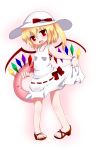  alternate_costume blonde_hair bracelet collarbone fang flandre_scarlet full_body gradient gradient_background hat hat_ribbon highres innertube jewelry looking_at_viewer no_socks open_mouth red_eyes ribbon sandals short_hair side_ponytail simple_background skirt skirt_hold solo standing tank_top touhou wings yuikuroneko 
