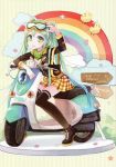  cameo cloud clouds green_eyes green_hair hatsune_miku highres jin_young-in kagamine_len kagamine_len_(cameo) kagamine_rin kagamine_rin_(cameo) long_hair motor_vehicle rainbow scooter thigh-highs thighhighs vehicle vocaloid 