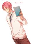  book cardigan genderswap kuroko_no_basuke momoi_satsuki necktie pink_eyes pink_hair school_uniform short_hair sleepy69 