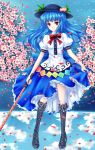 blue_hair blush boots curtsey flower food fred0092 fruit hat highres hinanawi_tenshi long_hair peach red_eyes skirt smile solo sword sword_of_hisou touhou weapon