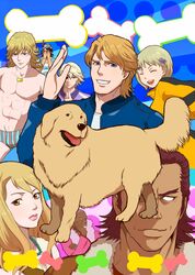  6+boys antonio_lopez bad_id barnaby_brooks_jr blonde_hair blue_eyes bone brown_hair dog empty_eyes huang_baoling ivan_karelin john_(tiger_&amp;_bunny) kaburagi_t_kotetsu karina_lyle keith_goodman multiple_boys multiple_girls nathan_seymour parody posing salte snorkel speedo sweat swimsuit tiger_&amp;_bunny wavy_mouth 