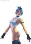  arika arm_strap ass bare_shoulders blair_dame blue_hair boots breasts capcom choker detached_collar fingerless_gloves gloves green_eyes hair_up jaimito leotard short_hair solo street_fighter street_fighter_ex thigh-highs thigh_boots thighhighs 