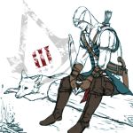  arrow assassin&#039;s_creed assassin&#039;s_creed_iii assassin's_creed assassin's_creed_iii bow bow_(weapon) connor_kenway fingerless_gloves fire gloves gun hood log logo lying no_eyes quiver r-541-e sitting vambraces weapon wolf 