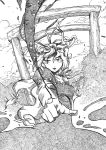  dress elbow_gloves eyes gap gloves hair_ribbon hat long_hair looking_at_viewer monochrome pandemonium perspective pointing ribbon solo torii touhou traditional_media yakumo_yukari 