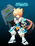  aqua_eyes armor blonde_hair blue_background boots cannon cartridge character_name chung elsword gauntlets gloves greaves huge_weapon long_hair male pants smile solo vkekrdhs weapon 