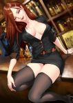  arm_support bar belt blue_eyes breasts brown_hair cleavage copyright_request delta_zone earrings highres jewelry lips long_hair mole naughty_face open_clothes open_shirt sitting skirt solo thigh-highs thighhighs tongue zettai_ryouiki 