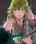  510 electric_guitar foreshortening green_eyes green_hair guitar gumi hair_ornament hairclip highres honeycomb_background instrument microphone open_mouth short_hair smile solo vocaloid 