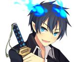  ao_no_exorcist blue_eyes blue_fire fire male okumura_rin open_mouth short_hair simple_background slit_pupils smile solo white_background wusagi2 