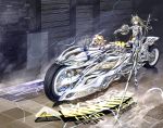  armor blue_eyes bodysuit electricity giba_(out-low) highres lance mask motor_vehicle motorcycle original polearm shield sword vehicle weapon 