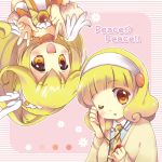  blonde_hair bowtie brooch cardigan chibitan choker cure_peace double_v dual_persona flower hairband headphones highres jewelry kise_yayoi long_hair necktie pink_background precure rotational_symmetry short_hair smile smile_precure! upside-down v wink yellow_eyes 