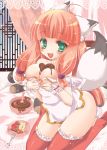  ahoge animal_ears animal_tail apron banana bed blush bowl breast_hold breasts cherry chocolate chocolate_heart cleavage fang food fork fox_ears fox_tail fruit green_eyes heart kinoko_crown kneeling large_breasts long_hair mixing_bowl naked_apron open_mouth orange_hair original panda payot plate ponytail red_hair red_legwear redhead sitting smile solo star strawberry stuffed_animal stuffed_panda stuffed_toy tail thighhighs valentine wariza wrist_cuffs zukkey 