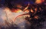  bridge claws dragon fire kyouka_hatori monster pixiv_fantasia pixiv_fantasia_sword_regalia solo tail tower wings 
