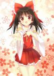  bow brown_hair detached_sleeves hair_bow hair_tubes hakurei_reimu long_hair looking_at_viewer outstretched_hand red_eyes solo touhou xinta 