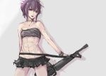  1girl abs alternate_costume assault_rifle bare_shoulders black_hair black_lagoon bracelet casual earrings gun half_updo jewelry m4_carbine microskirt navel no_panties pan!ies pleated_skirt rifle sawyer_the_cleaner scar short_hair skirt sling small_breasts solo stitches tubetop weapon 
