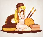  bakemonogatari barefoot blonde_hair box cookie doughnut dress fang food gatakigi_gama goggles helmet long_hair monogatari_(series) oshino_shinobu oversized_object pocky yellow_eyes 