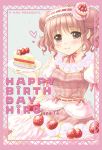  blush cake double_bun dress food food_as_clothes fukuda_fukutarou hidamari_sketch hiro pink_hair red_eyes red_hair redhead short_hair solo strawberry_shortcake 