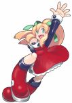  arm_up blonde_hair blue_eyes blush_stickers boots dress highres long_hair pirocch ponytail red_dress rockman rockman_(classic) roll skirt smile solo white_background 