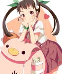  backpack bag black_hair chin_rest hachikuji_mayoi hands_on_another&#039;s_face hands_on_another's_face hands_on_own_face long_hair monogatari_(series) red_eyes sakuraba_hinano twintails 