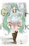  boots bracelet green_eyes green_hair hatsune_miku headphones headphones_around_neck highres jewelry long_hair retsuna sleeves_pushed_up smile solo twintails very_long_hair vocaloid 