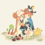  1boy 1girl alternate_color animal_on_head bag blue_eyes bow brown_background brown_eyes brown_hair double_bun emolga female_protagonist_(pokemon_bw2) grass hair_bow hat jacket kyouhei_(pokemon) long_hair male_protagonist_(pokemon_bw2) mei_(pokemon) mero_(jiantumelody) oshawott pachirisu pikachu poke_ball pokemon pokemon_(creature) pokemon_(game) pokemon_bw2 raglan_sleeves riolu shiny_pokemon shoes short_hair shorts simple_background sitting sneakers snivy tepig twintails visor_cap wink 