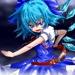  belt blue_eyes blue_hair cirno female gao_(naodayo) kamen_rider looking_at_viewer open_mouth parody short_hair smile solo touhou wings 