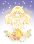  adapted_costume ahiduck alternate_costume blonde_hair choker closed_eyes cure_peace dress earrings eyes_closed flower hair_ornament hands_clasped highres jewelry kise_yayoi long_hair magical_girl ponytail precure princess_form_(smile_precure!) rose smile_precure! solo sunflower tiara white_rose wrist_cuffs yellow_dress yellow_rose 