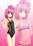  :o bangs bare_shoulders bikini blush competition_swimsuit flat_chest gradient gradient_background hair_ornament high_ponytail highres hinamori_amu kenken navel one-piece_swimsuit pink_hair ponytail short_hair short_ponytail shugo_chara! solo standing striped striped_swimsuit swimsuit white_bikini yellow_eyes zoom_layer 