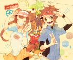  1girl black_legwear brown_eyes brown_hair closed_eyes darumaka double_bun eyes_closed female_protagonist_(pokemon_bw2) grin hat jacket kyouhei_(pokemon) long_hair looking_at_viewer male_protagonist_(pokemon_bw2) mei_(pokemon) open_mouth oshawott pantyhose pokemon pokemon_(game) pokemon_bw2 raglan_sleeves salute scraggy short_hair skirt smile snivy tepig twintails v venipede visor_cap wakanagi_eku wristband zipper 