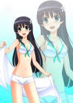  bangs bare_shoulders bikini_top black_hair blue_eyes blush boyshorts breasts cleavage flower front-tie_top gradient gradient_background hair_flower hair_ornament highres kenken long_hair looking_at_viewer navel open_mouth open_towel saten_ruiko short_shorts shorts smile standing to_aru_kagaku_no_railgun to_aru_majutsu_no_index towel zoom_layer 