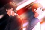  age_difference brown_hair closed_eyes emiya_kiritsugu emiya_shirou eyes_closed fate/stay_night fate/zero fate_(series) father_and_son formal kaisen long_sleeves male multiple_boys necktie orange_eyes orange_hair raglan_sleeves short_hair smile suit time_paradox title_drop 