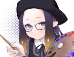  amejaga beret blush bow forehead glasses hat highres holding holding_paintbrush hololive hololive_english light_smile looking_at_viewer mole mole_under_eye multicolored_hair ninomae_ina&#039;nis orange_hair paintbrush palette pointy_ears purple_hair shirt striped striped_shirt tentacle_hair violet_eyes virtual_youtuber 