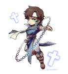  1boy belt blue_eyes brown_hair castlevania castlevania:_rondo_of_blood chibi gloves headband konami kotorai male_focus nintendo richter_belmondo short_hair simple_background solo super_smash_bros. super_smash_bros._ultimate weapon whip 