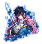  black_hair blue_eyes blue_rose cape flower frown leon_magnus liel male rose solo sword tales_of_(series) tales_of_destiny transparent_background weapon 